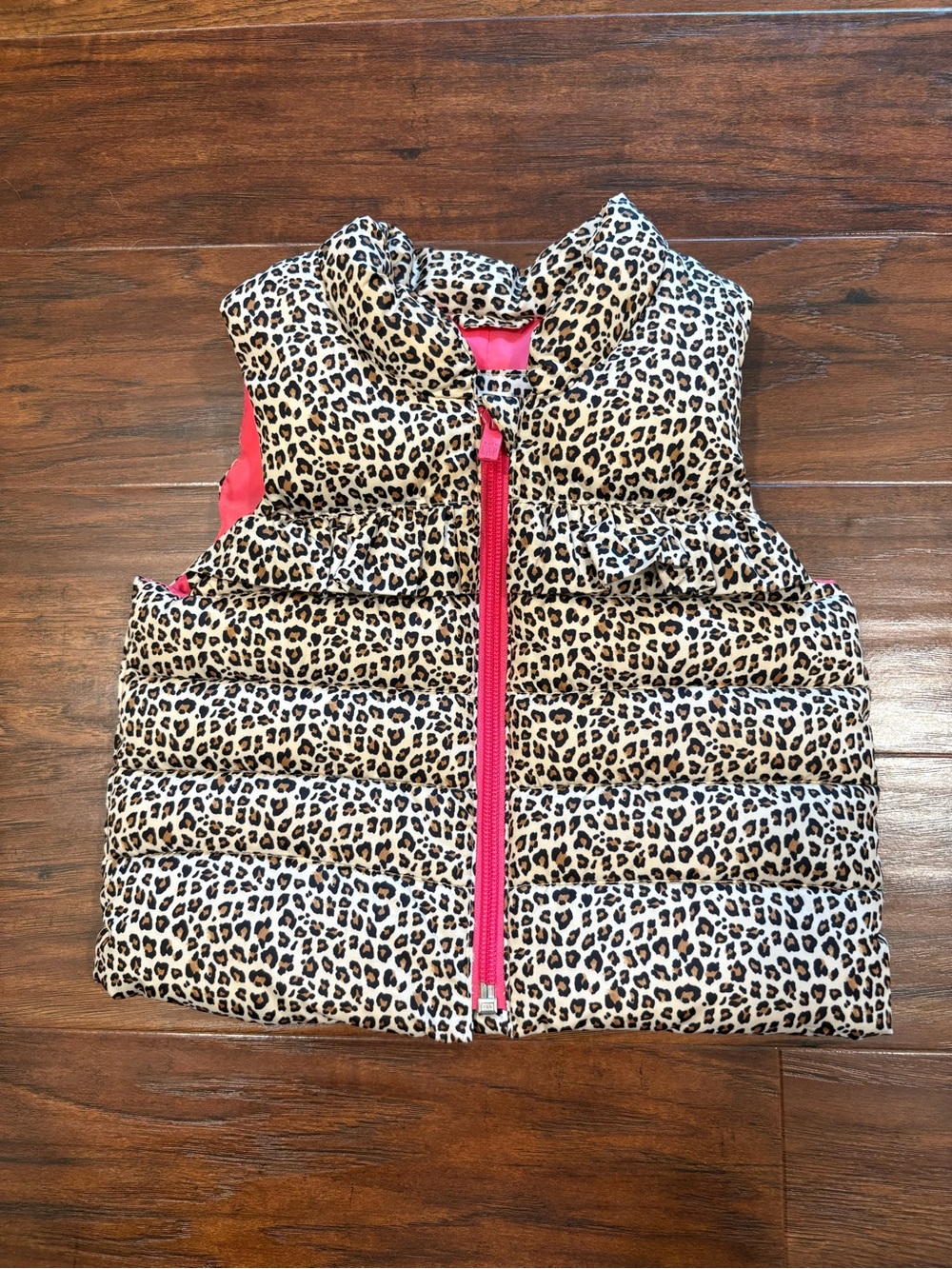 GAP Kids Leopard Print Puffer Vest with Hot Pink Details 12-18 Months